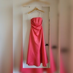 David's Bridal Strapless Side Ruch Guava Satin Gown with Brooch size 2